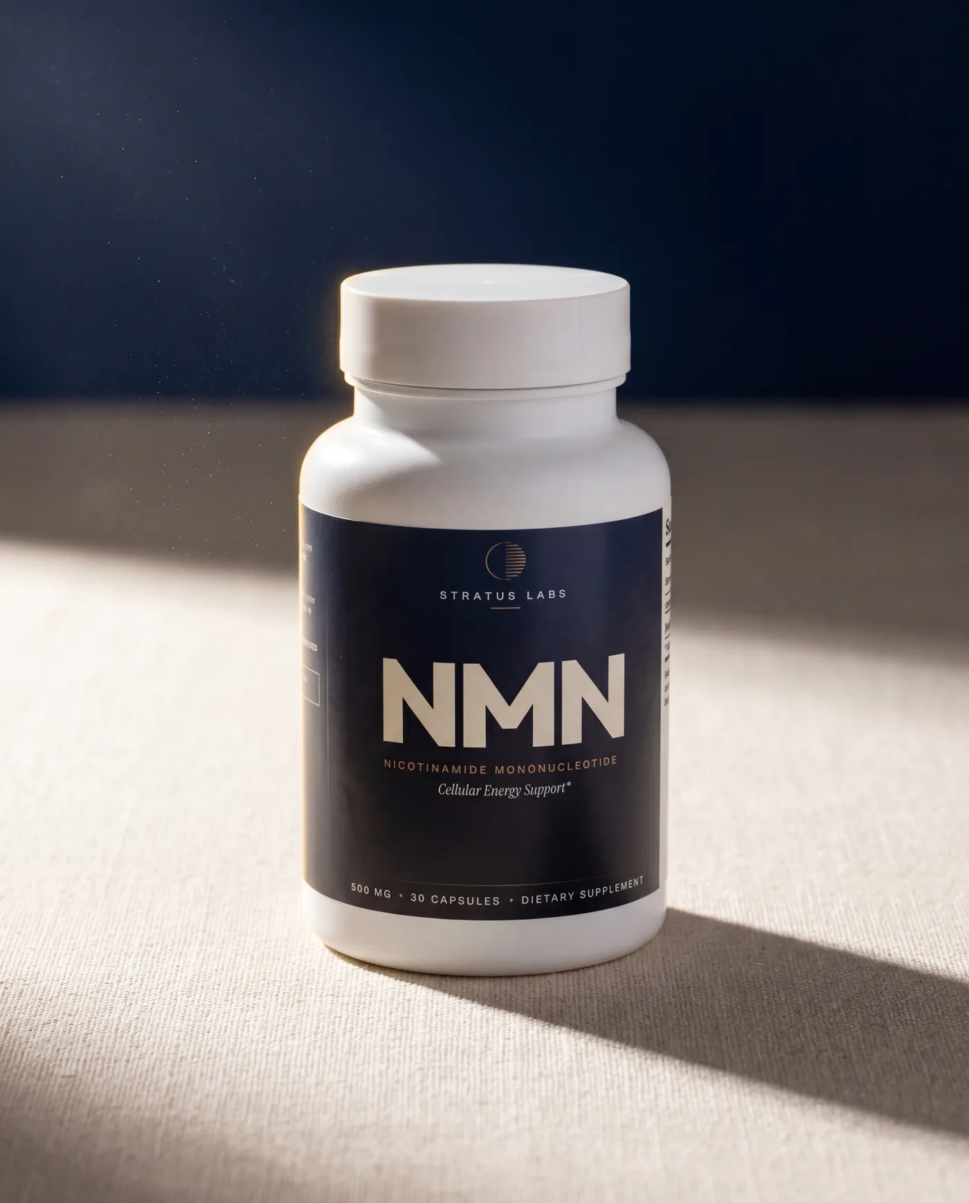 Stratus NMN bottle in daylight, one ingredient, 500mg